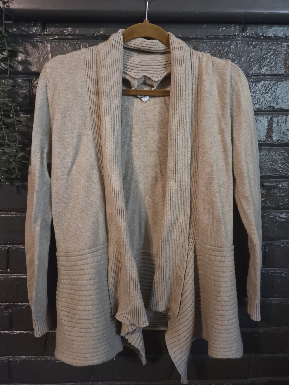 Fever Beige Open-Front Ribbed Hem Cardigan